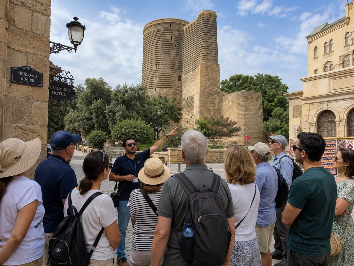 A Birtour guide leading an international tour group at the Maiden Tower in Baku's Old City