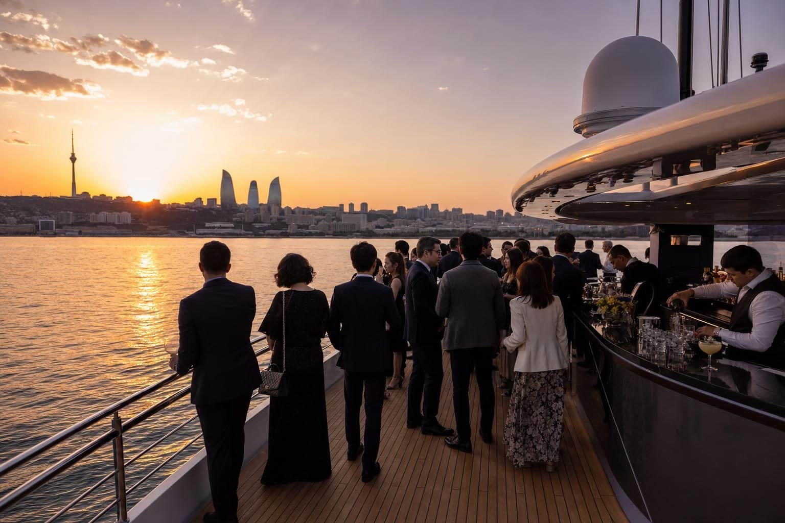 Around 25 guests in evening cocktail attire mingling on polished teak deck, Caspian, Baku