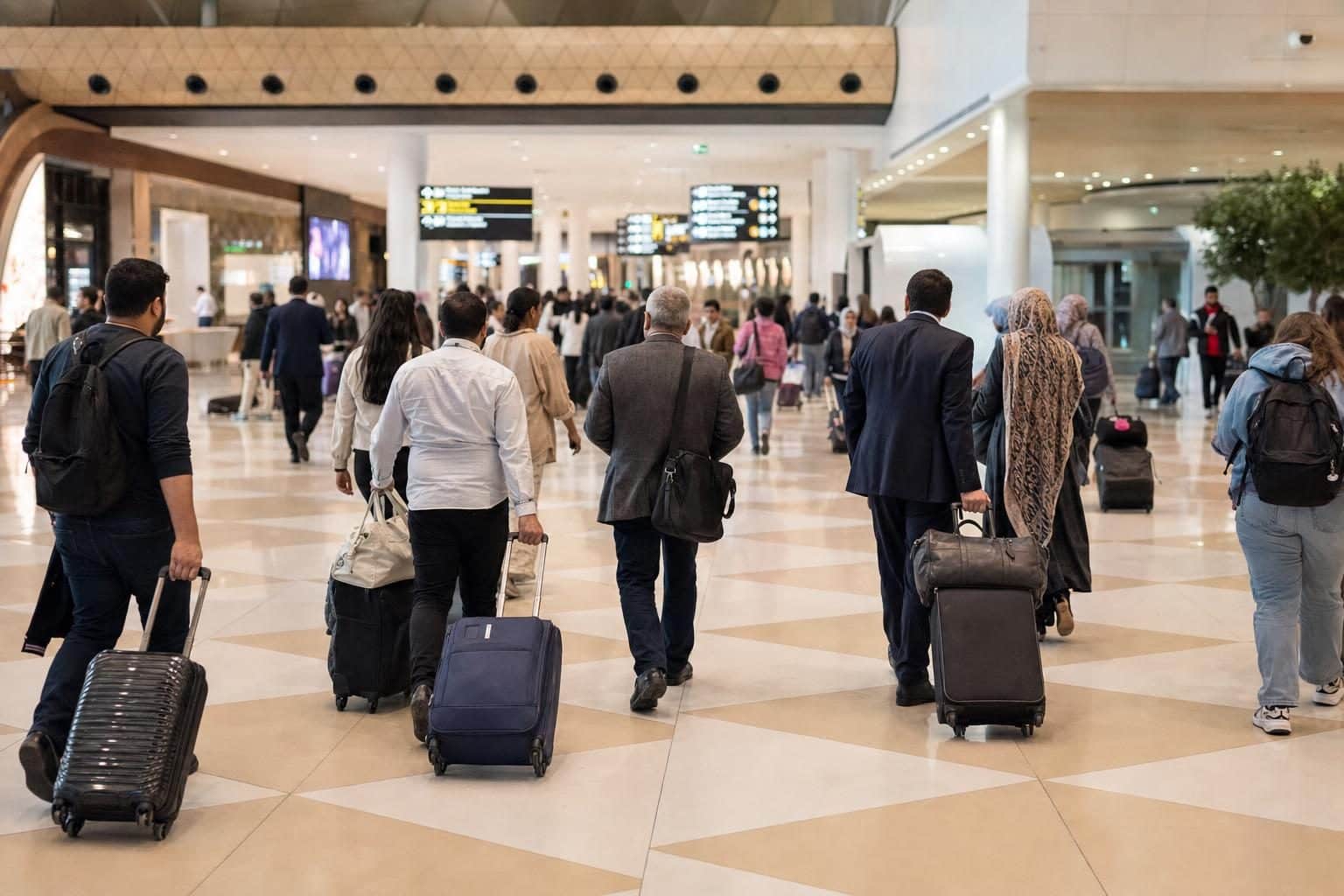 Diverse mix of international travellers exiting with luggage, Baku