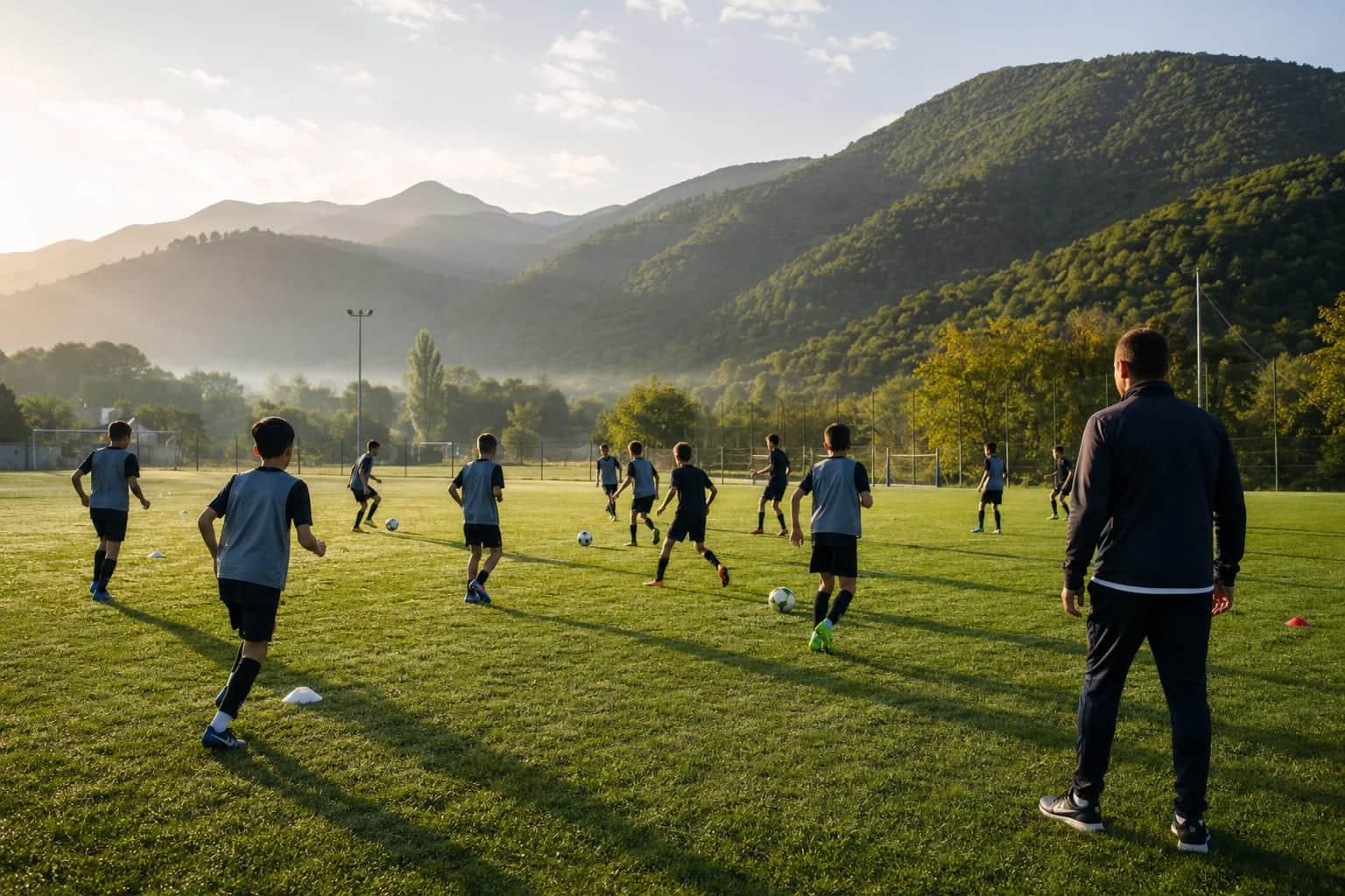 Youth football squad training on a natural-grass pitch in Gabala, Azerbaijan