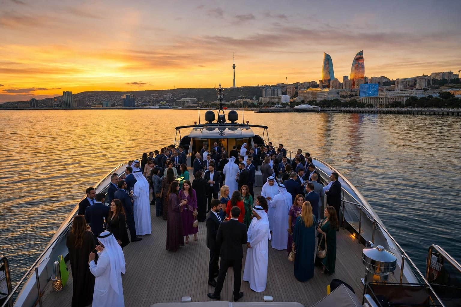 Around 60 Middle-Eastern guests mingling on open deck, Caspian, Baku