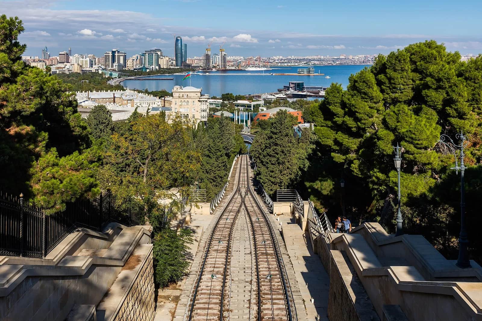 Baku bay from Highland Park, the funicular track running down towards the waterfront and the city beyond