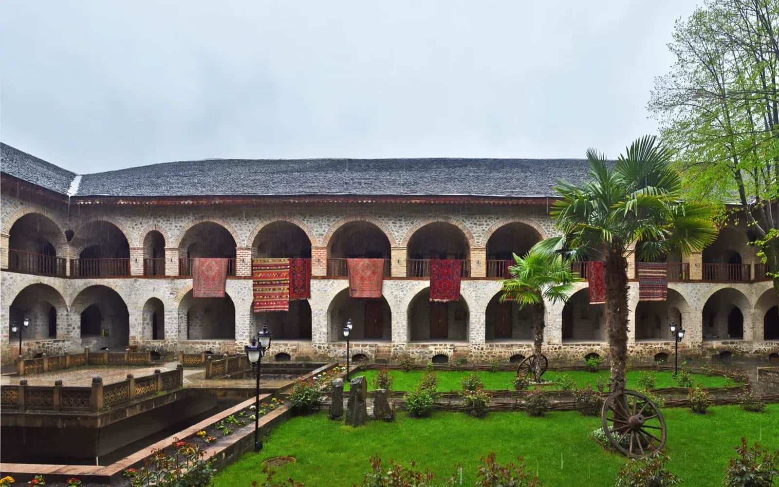 Garden courtyard of the Upper Caravanserai in Sheki, a common overnight on longer Azerbaijan itineraries