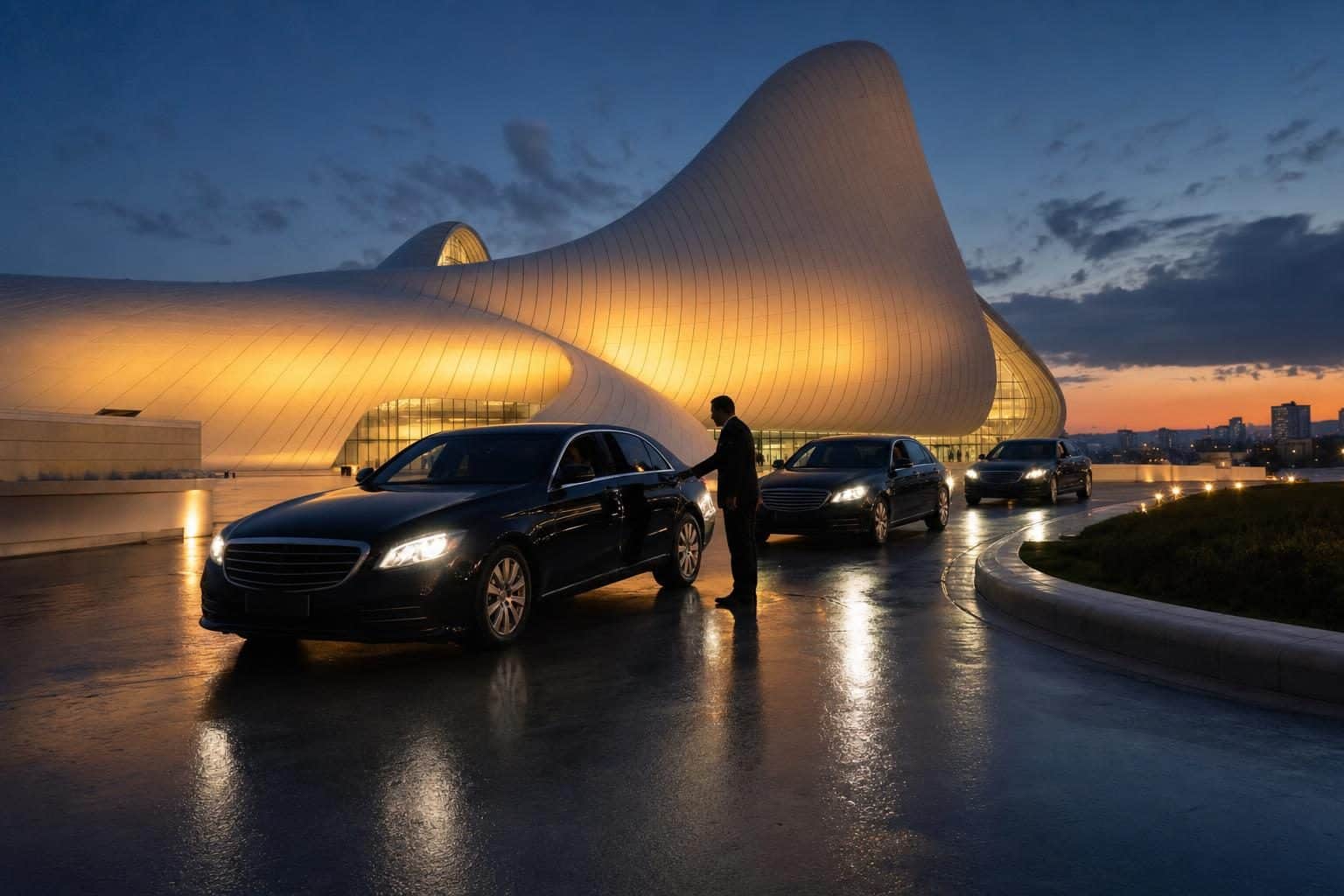 Line of 3 black unmarked luxury sedans on curved driveway, valet at lead car greeting arrivals, Heydar Aliyev Center, Baku