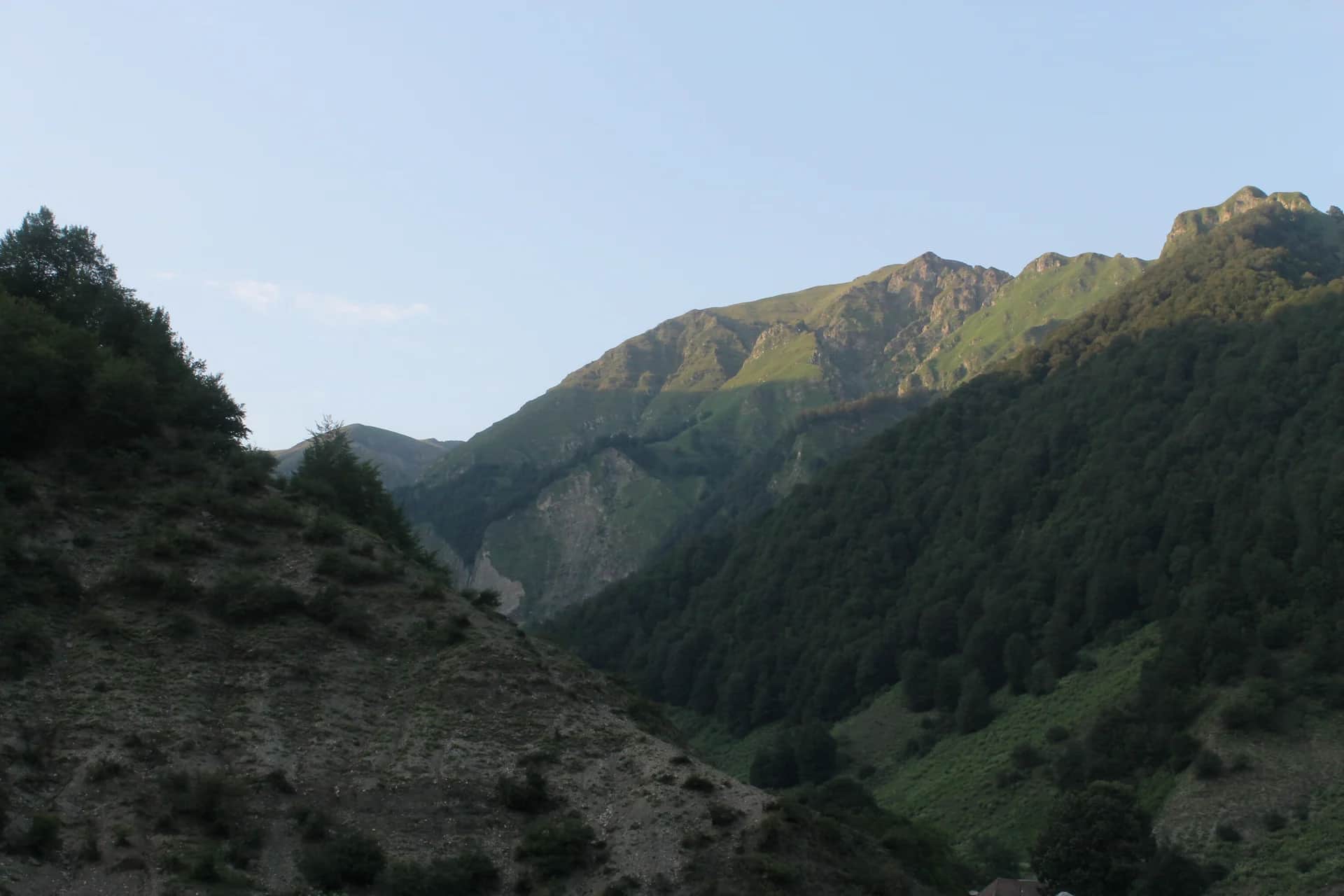 Green mountain ridges and valley in the Gabala region