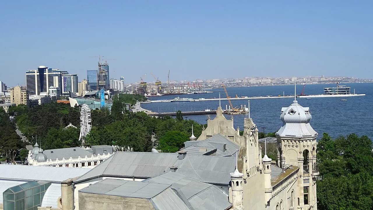 View from Baku's Maiden Tower over the Old City rooftops and Caspian waterfront
