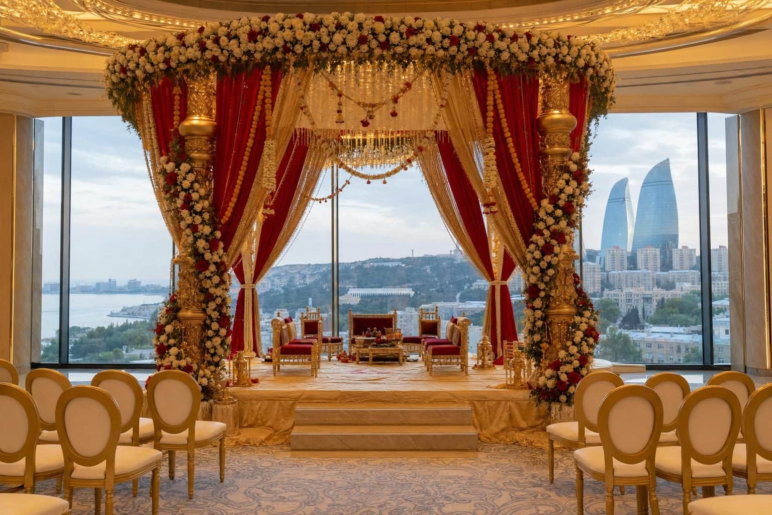 Fully constructed four-pillar mandap centered, draped in deep crimson and gold, abundant white-and-red roses and marigold garlands, Flame Towers, Baku
