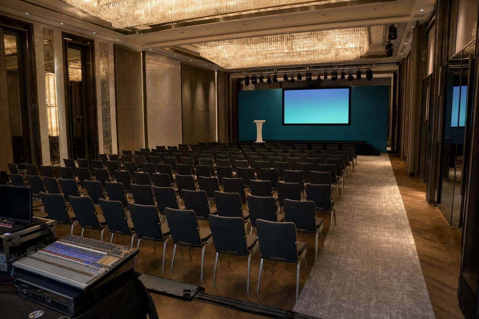 Rows of dark upholstered chairs in neat grid facing stage with blank lectern, screen showing solid gradient, teal solid backdrop, Baku