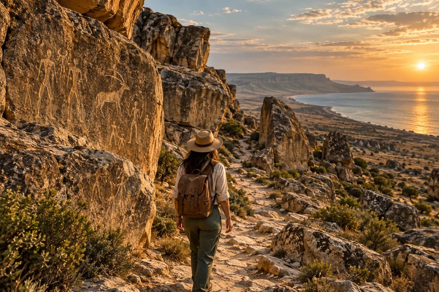 A cultural journey through a rock-art landscape — AI-generated tour illustration