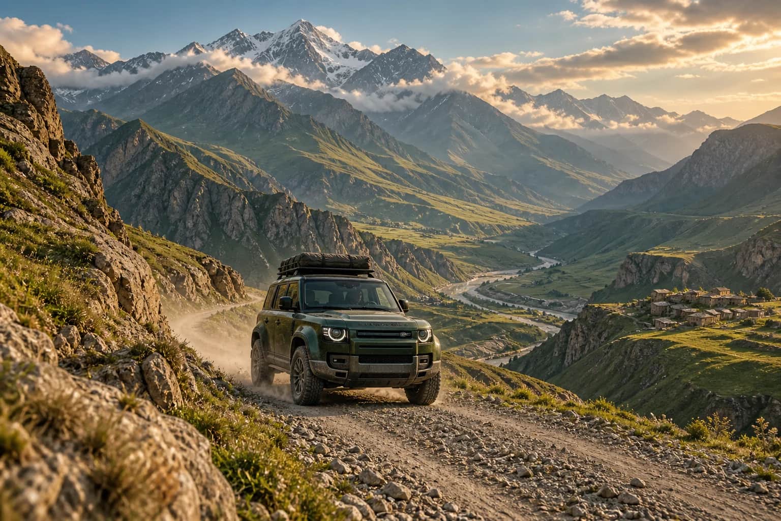 A 4x4 on a Caucasus mountain track — AI-generated tour illustration