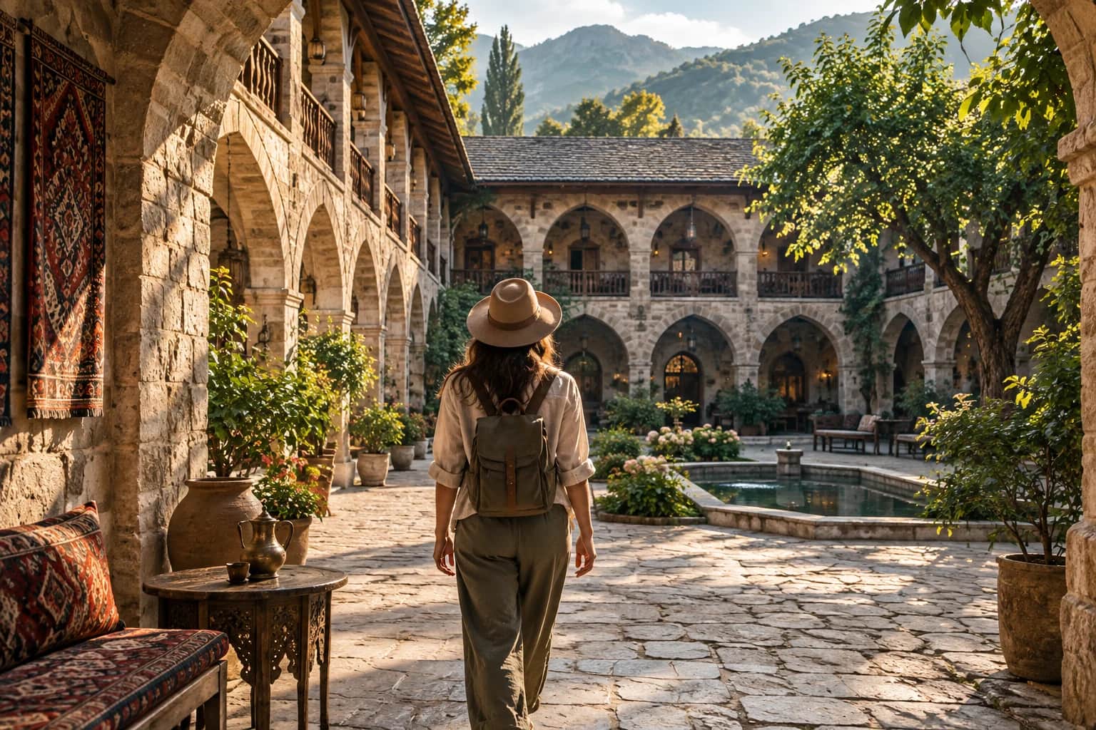 A solo traveller exploring a stone caravanserai — AI-generated tour illustration