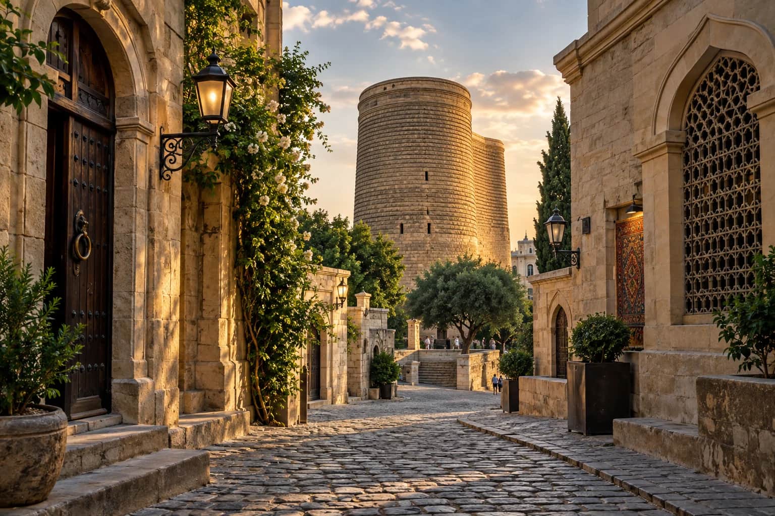 Baku Old City lanes and the Maiden Tower — AI-generated tour illustration