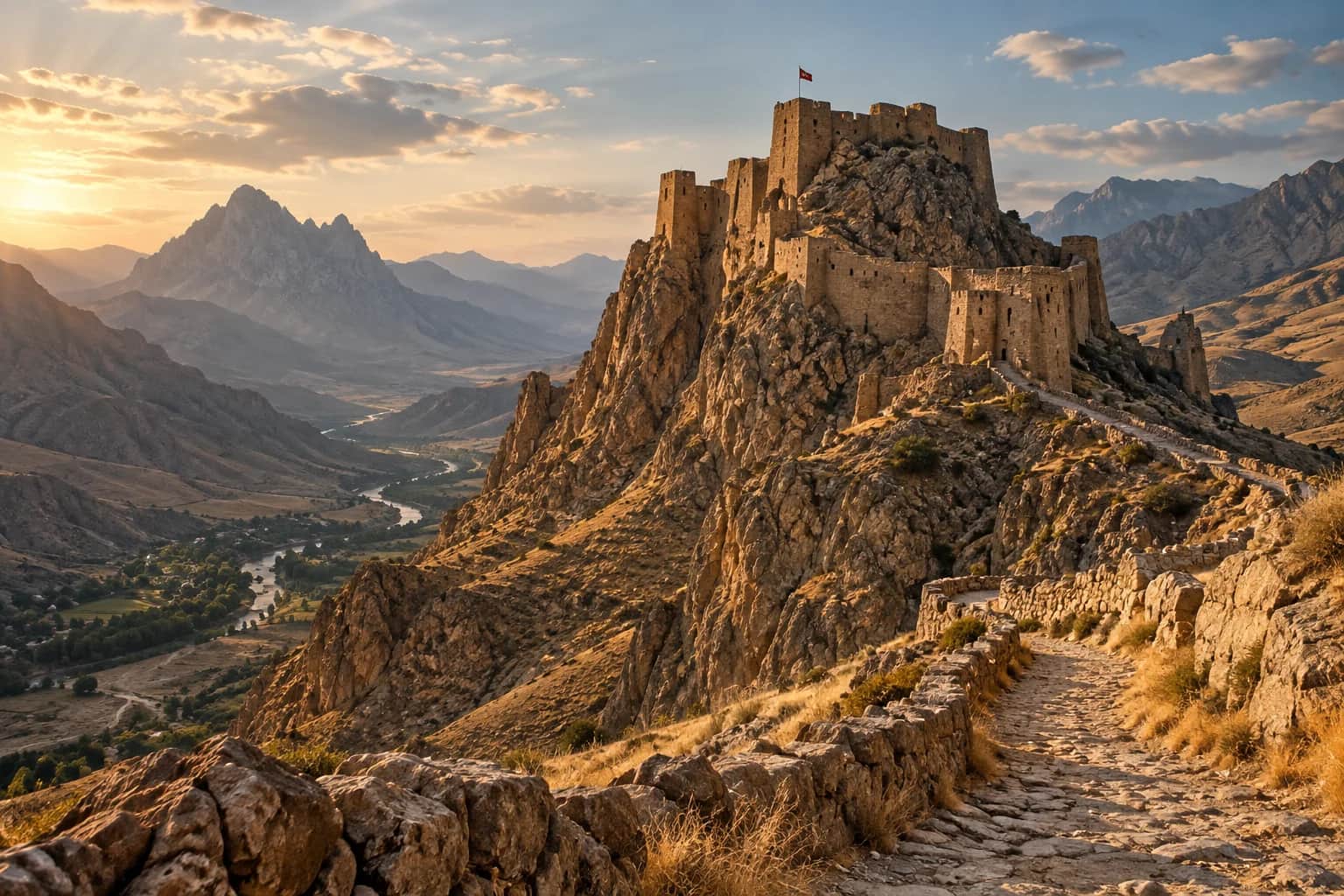 A fortress and the arid landscapes of the regional journey — AI-generated tour illustration