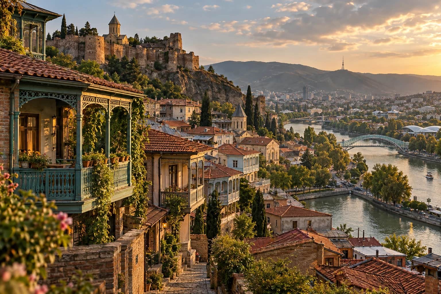 Tbilisi-inspired balconies and a riverside cityscape — AI-generated tour illustration