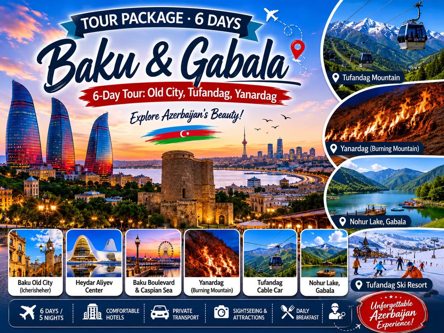Baku and Gabala 6-day tour poster: Old City, Tufandag cable car, Yanardag burning mountain, Nohur Lake and Heydar Aliyev Center