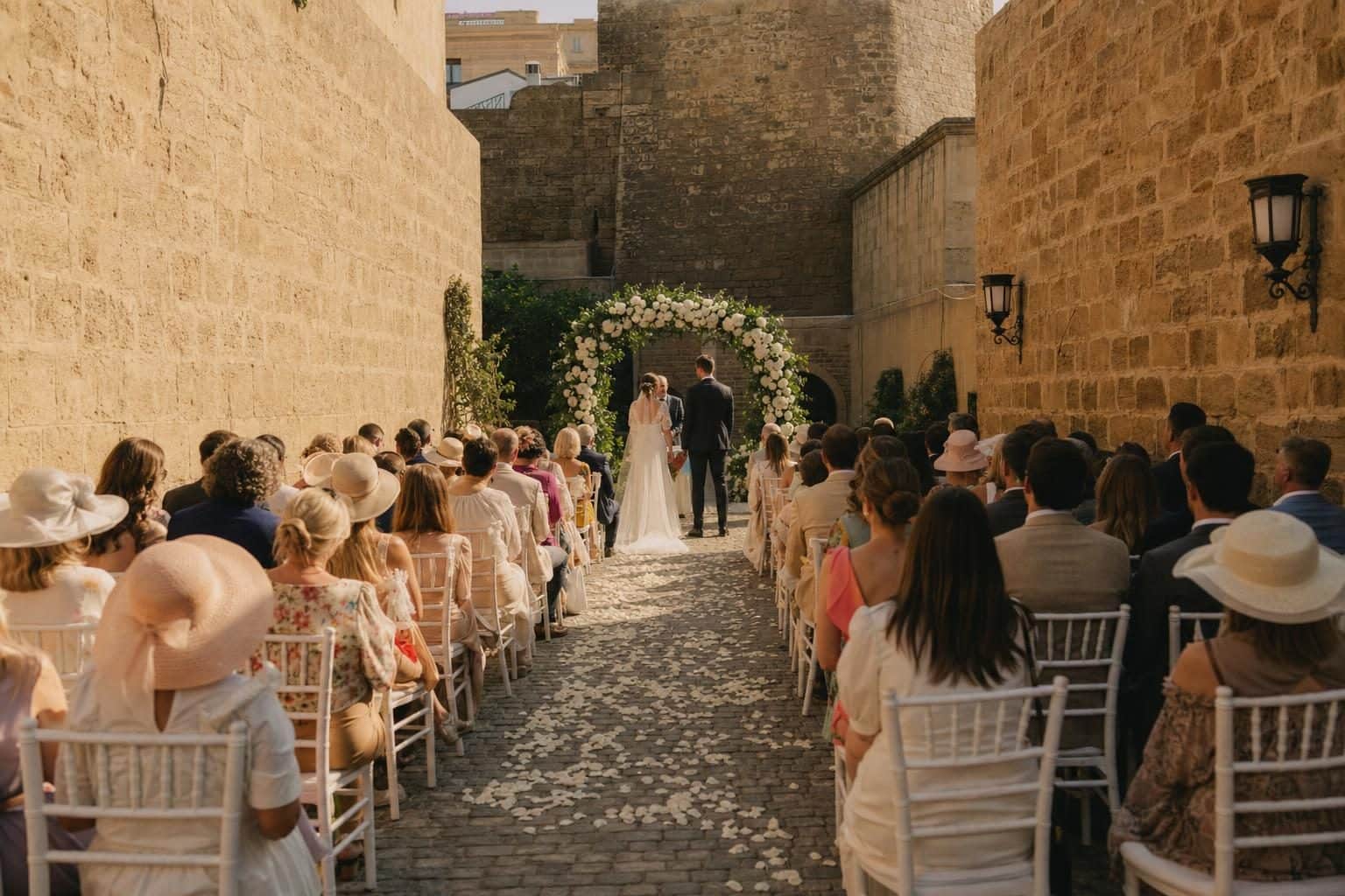 Bride and groom facing the celebrant at the end of the aisle, Icherisheher, Baku