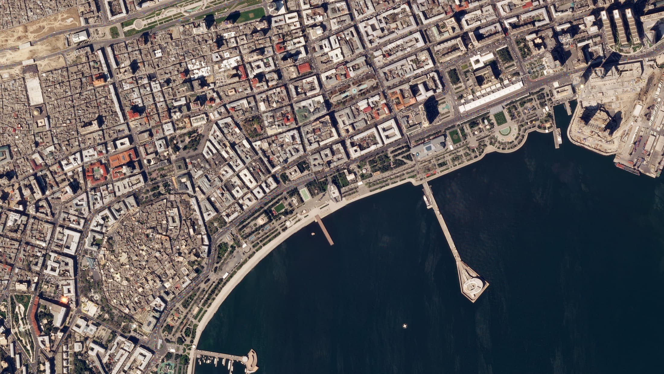Aerial view of the Baku City Circuit street-track layout through the city