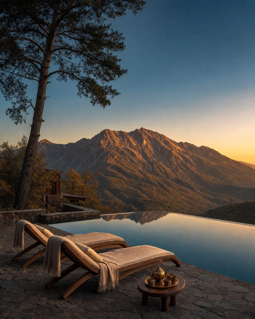Infinity-edge pool terrace at a Gabala mountain lodge at golden hour