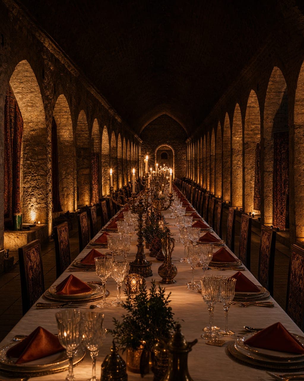 Private gala dinner setup inside a Sheki caravanserai with candlelit banquet table