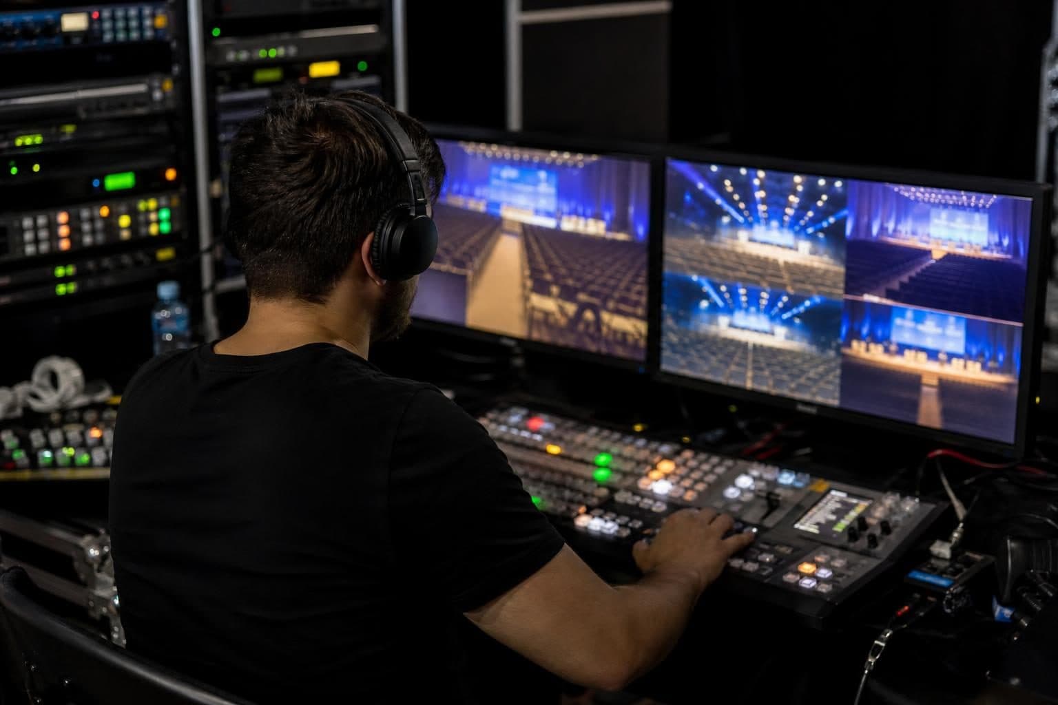 One operator at video switcher panel, hands on controls, Baku