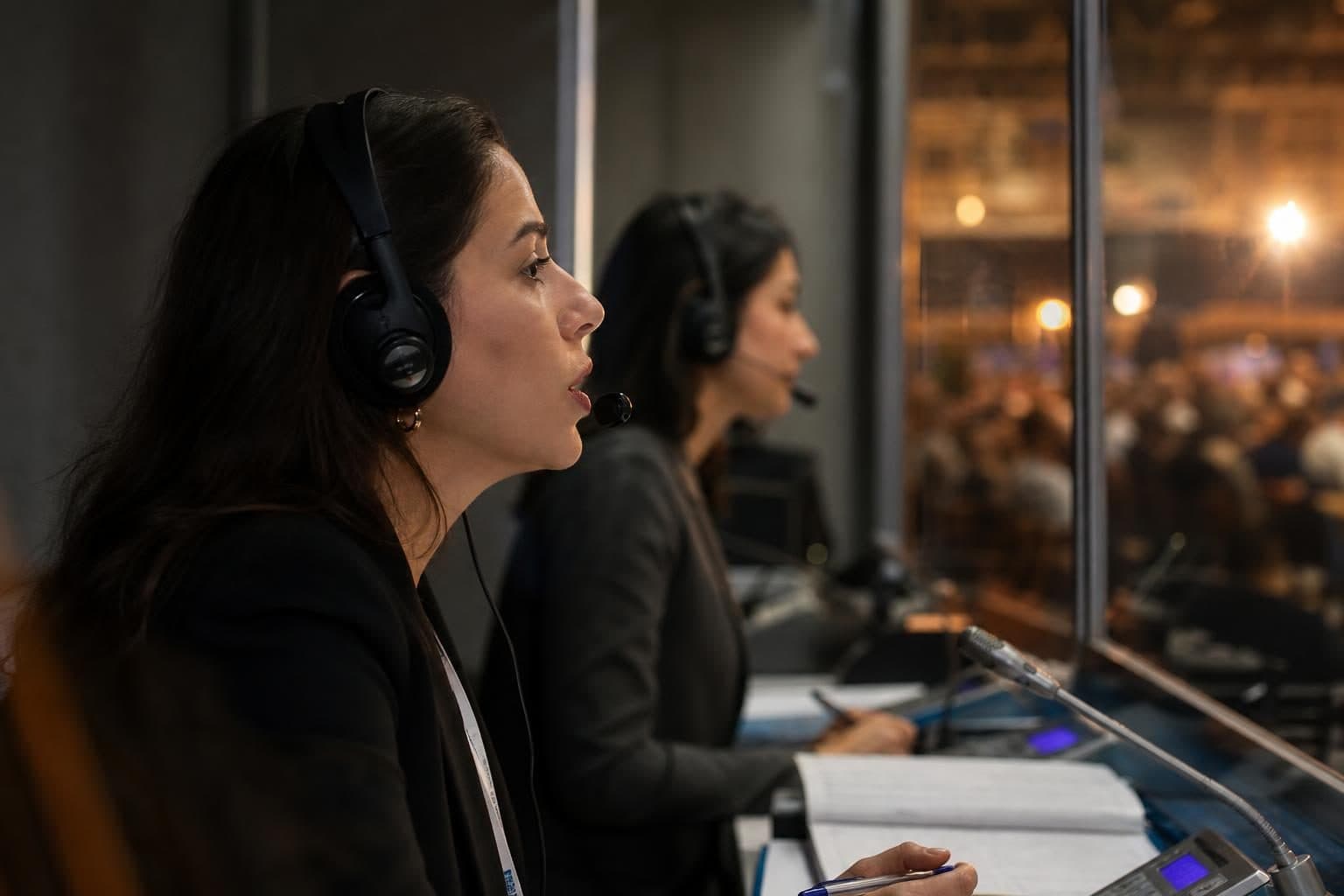 Two female interpreters, profile view, wearing professional headsets with boom mics, Baku