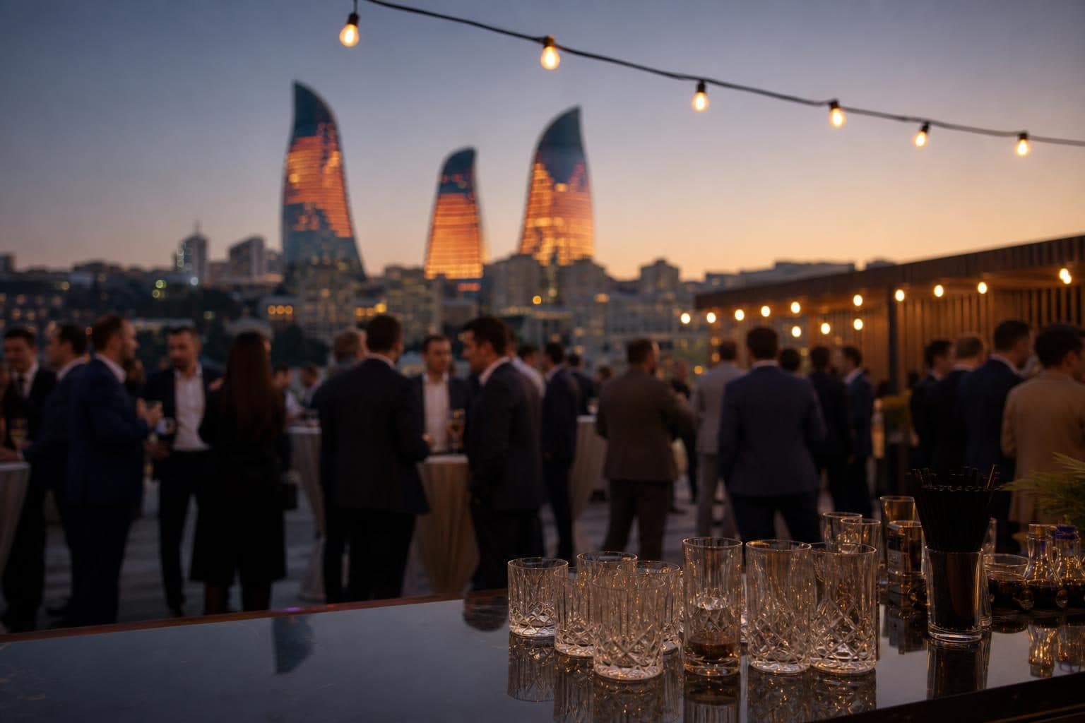 Around 25 business-attire guests mingling, soft and out of focus, Baku
