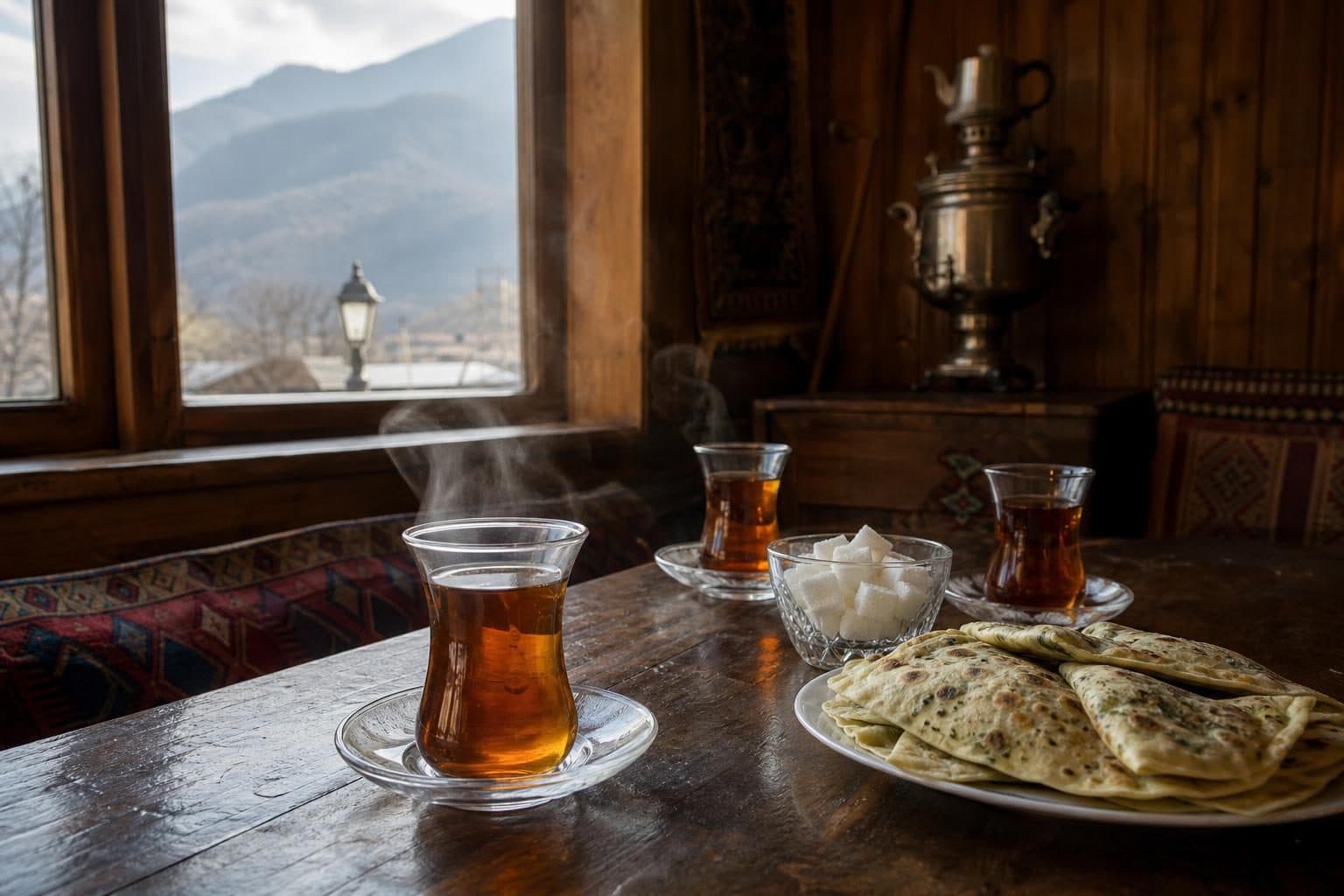 Rustic dark-wood table with 3 armudu tea glasses with hot amber tea steaming, qutab pastries on plate, sugar cubes, Ismayilli, Baku