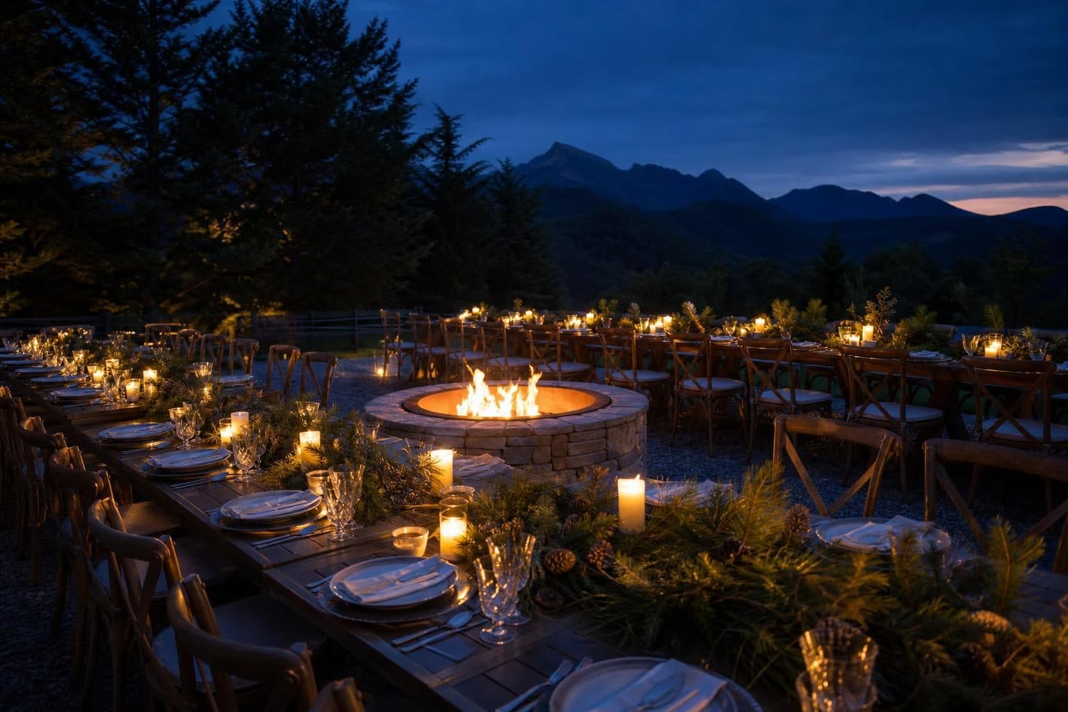 Long communal table for 40 across frame, stone fire-pit centerpiece glowing orange, pine branches and beeswax pillar candles as runner, Tufandag, Baku