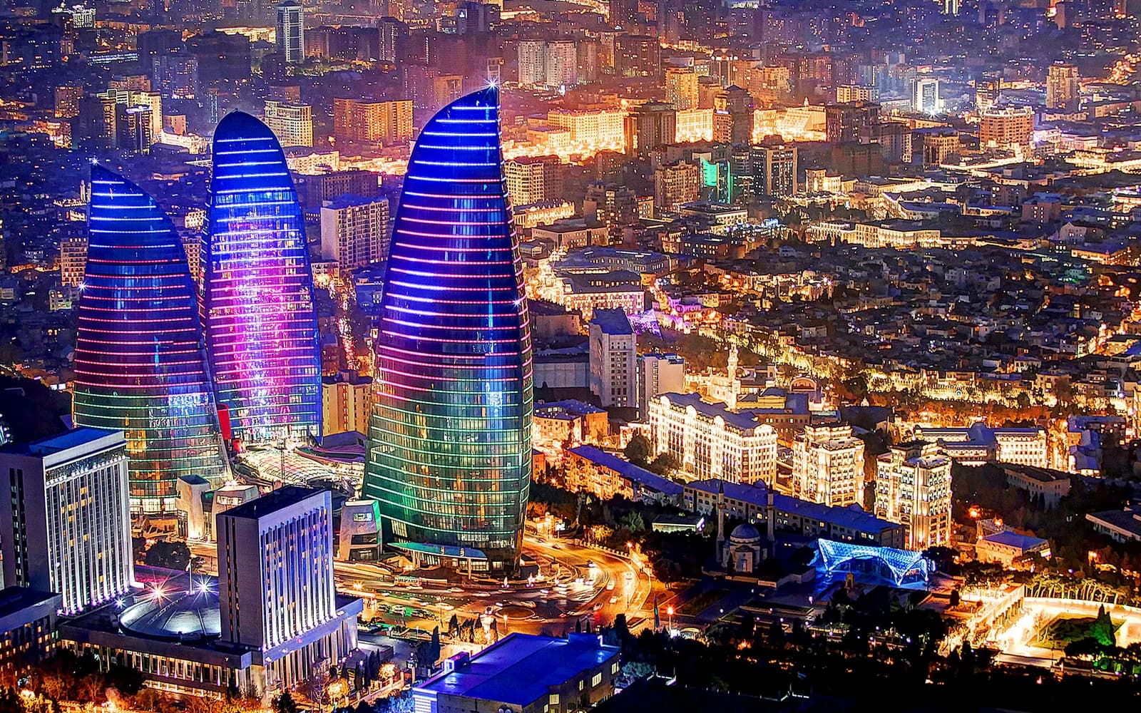 Flame Towers and central Baku illuminated at night