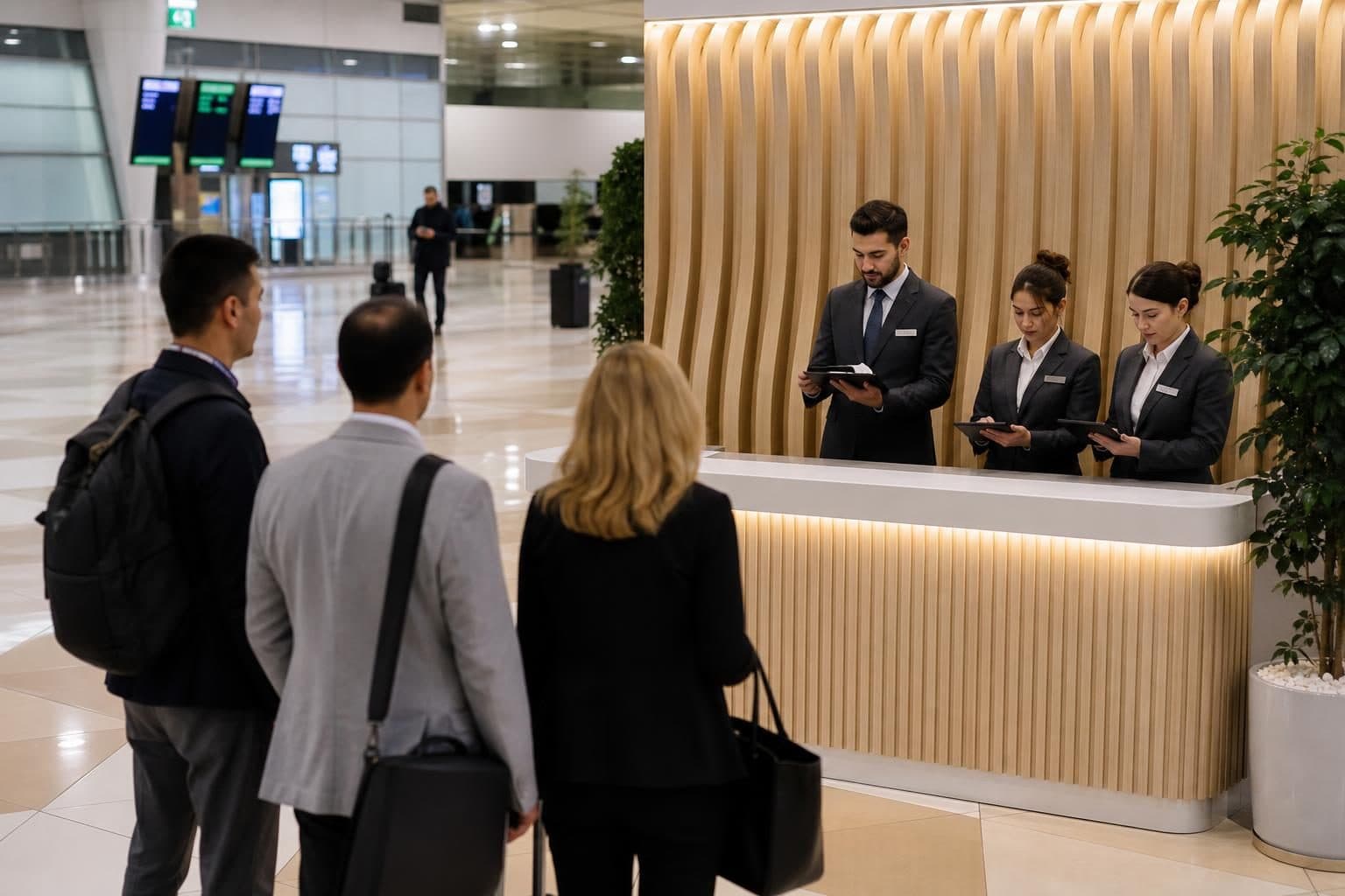 Branded welcome desk with 3 staff in charcoal suits holding tablets, small queue of 3 international business travelers waiting, Baku