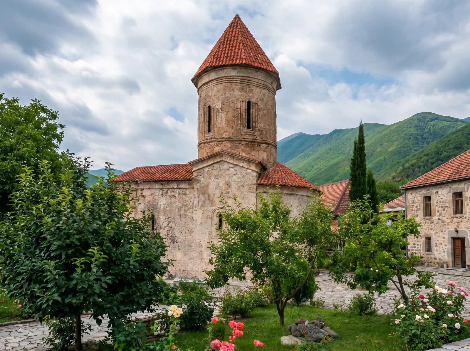 Небольшая каменная Кишская церковь с круглой апсидой на склоне у Шеки