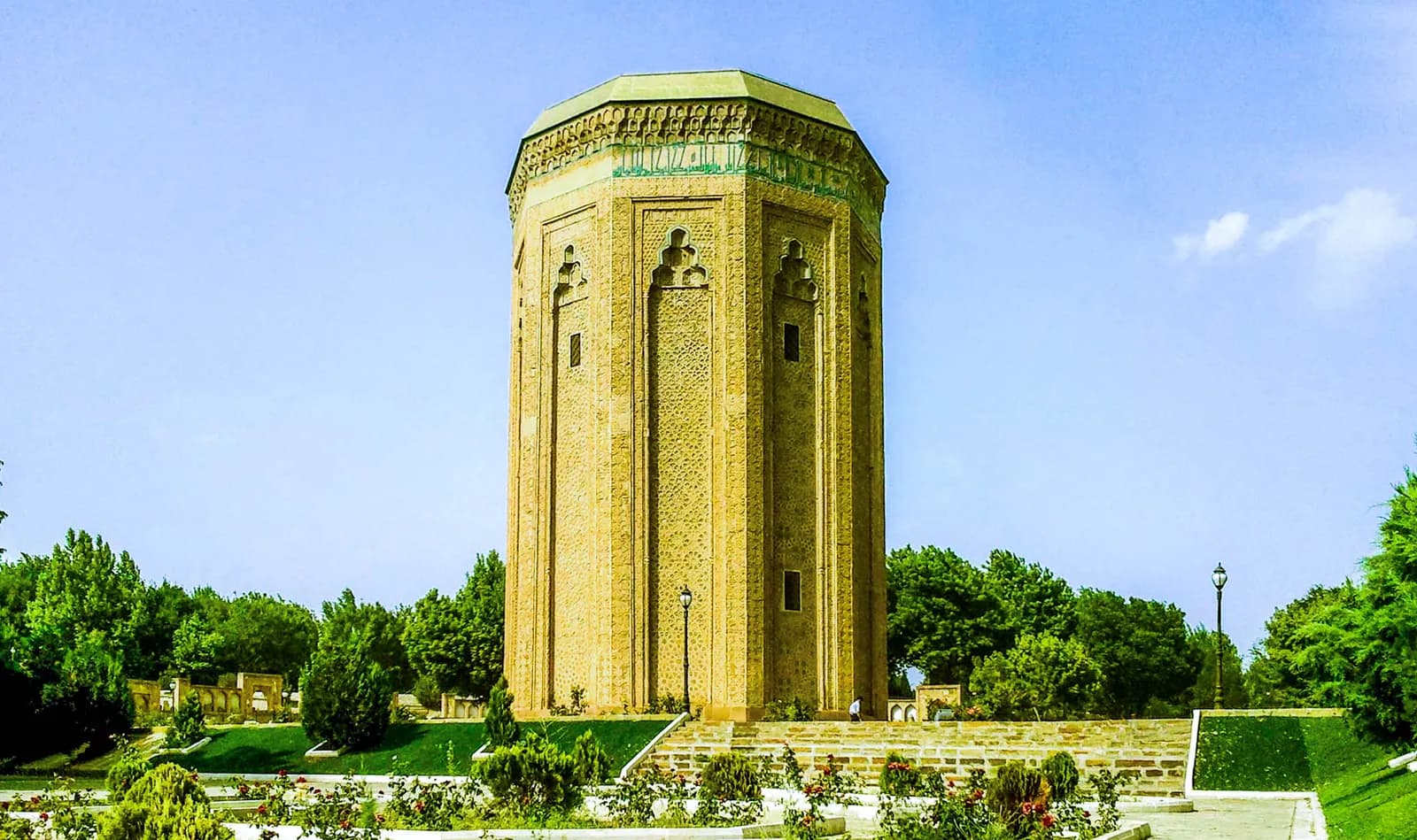 The Momine Khatun mausoleum in Nakhchivan, its ten-sided brick tower patterned in turquoise glaze