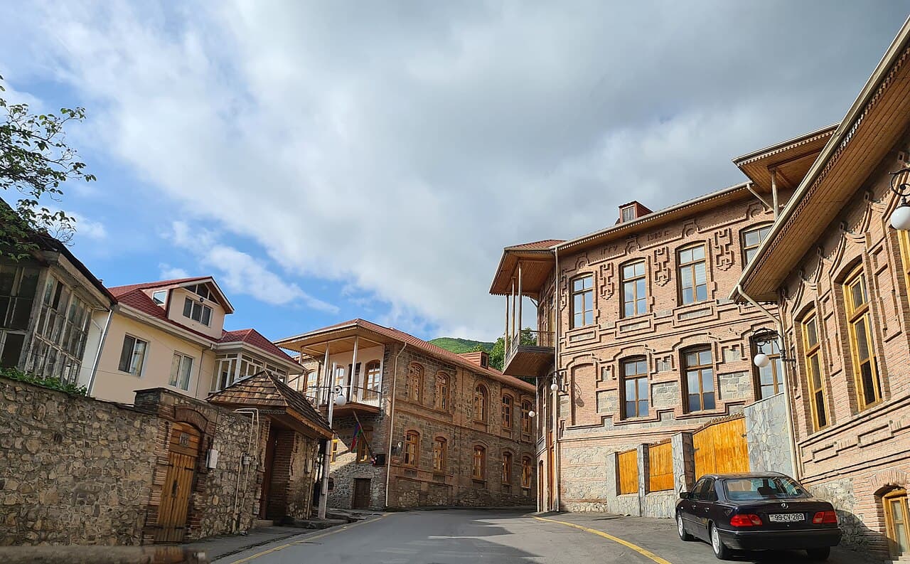 Historic stone and brick buildings in Sheki; Azerbaijan cultural touring reference