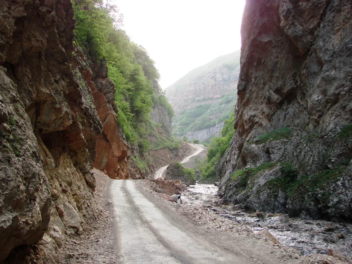 Historic May 2007 view of the road and river through a rocky gorge toward Khinalig, Azerbaijan