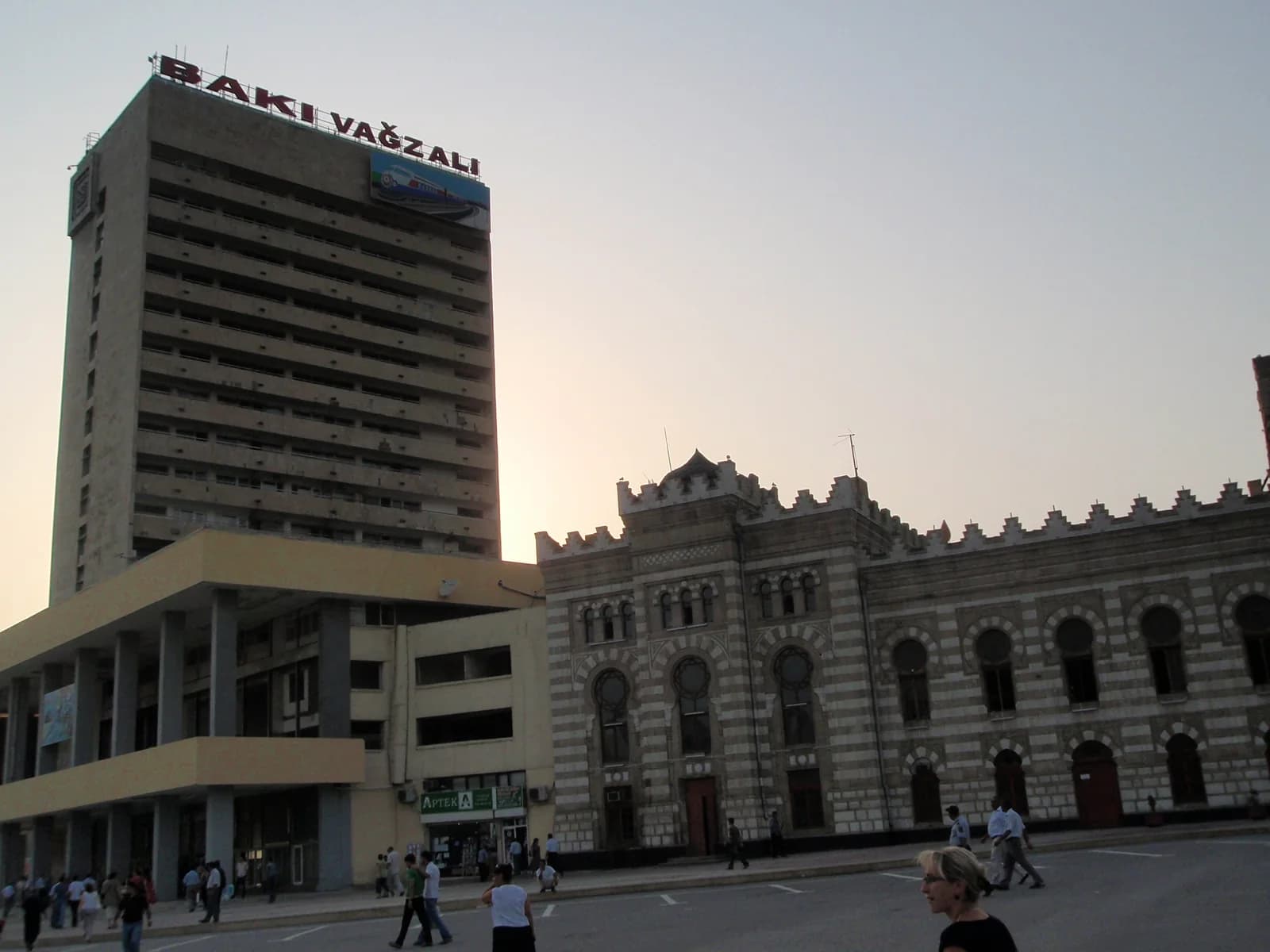 Historic and modern buildings at Baku railway station, photographed in August 2008
