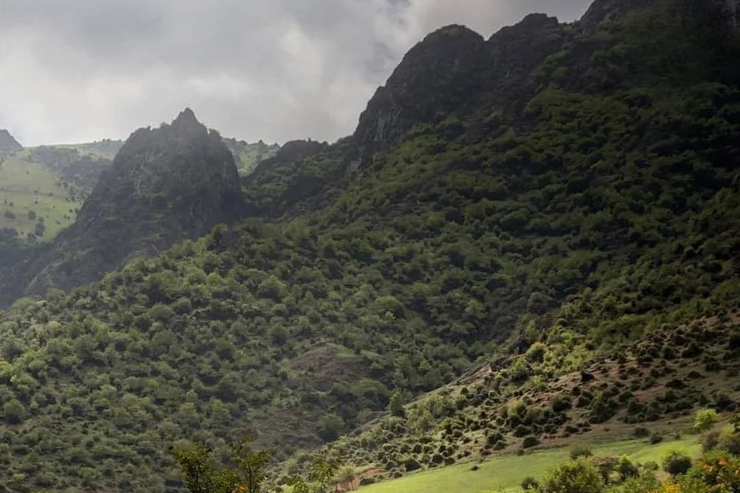 Rocky mountain slopes and woodland in Lerik, in the Talysh Mountains