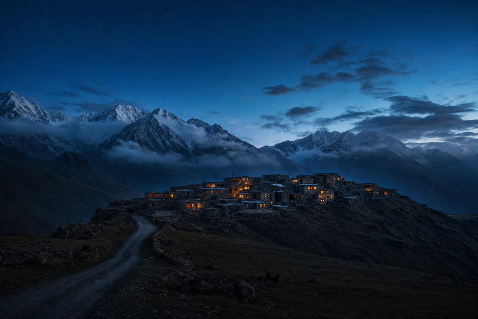 Khinalig mountain village in Azerbaijan's Greater Caucasus at blue-hour twilight