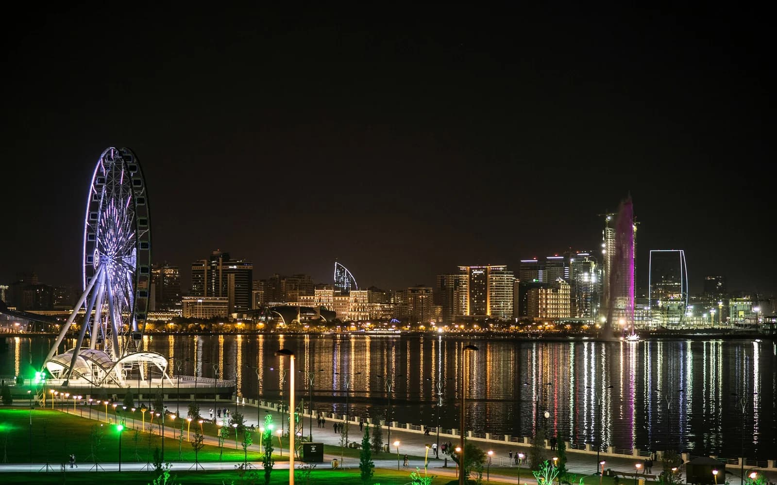 Baku Boulevard and Caspian waterfront illuminated at night