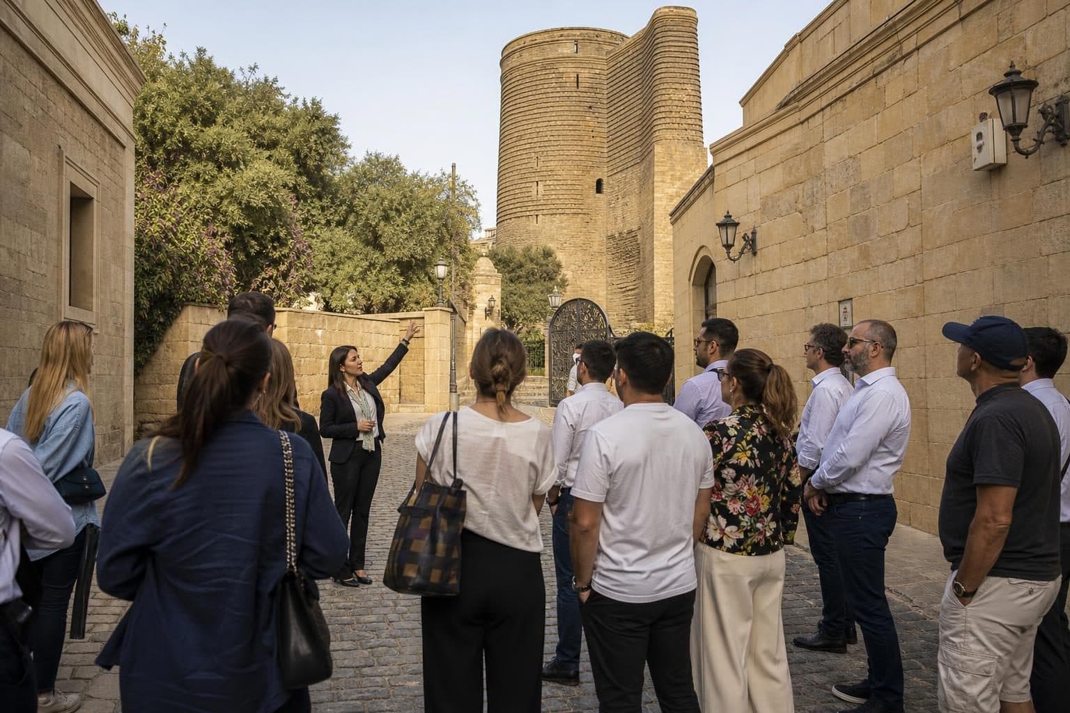 Female guide pointing to Maiden Tower behind, group of 8-10 corporate guests in semi-circle listening, captured, Old City, Baku