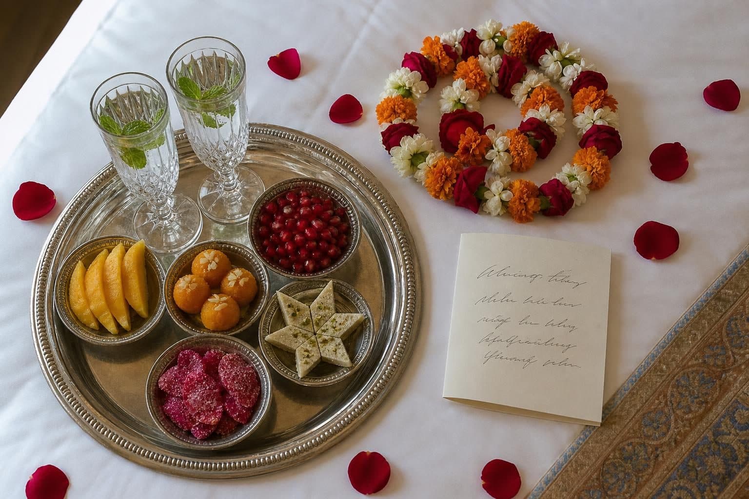 Silver tray with Indian sweets, fresh fruit, candied rose petals, Baku