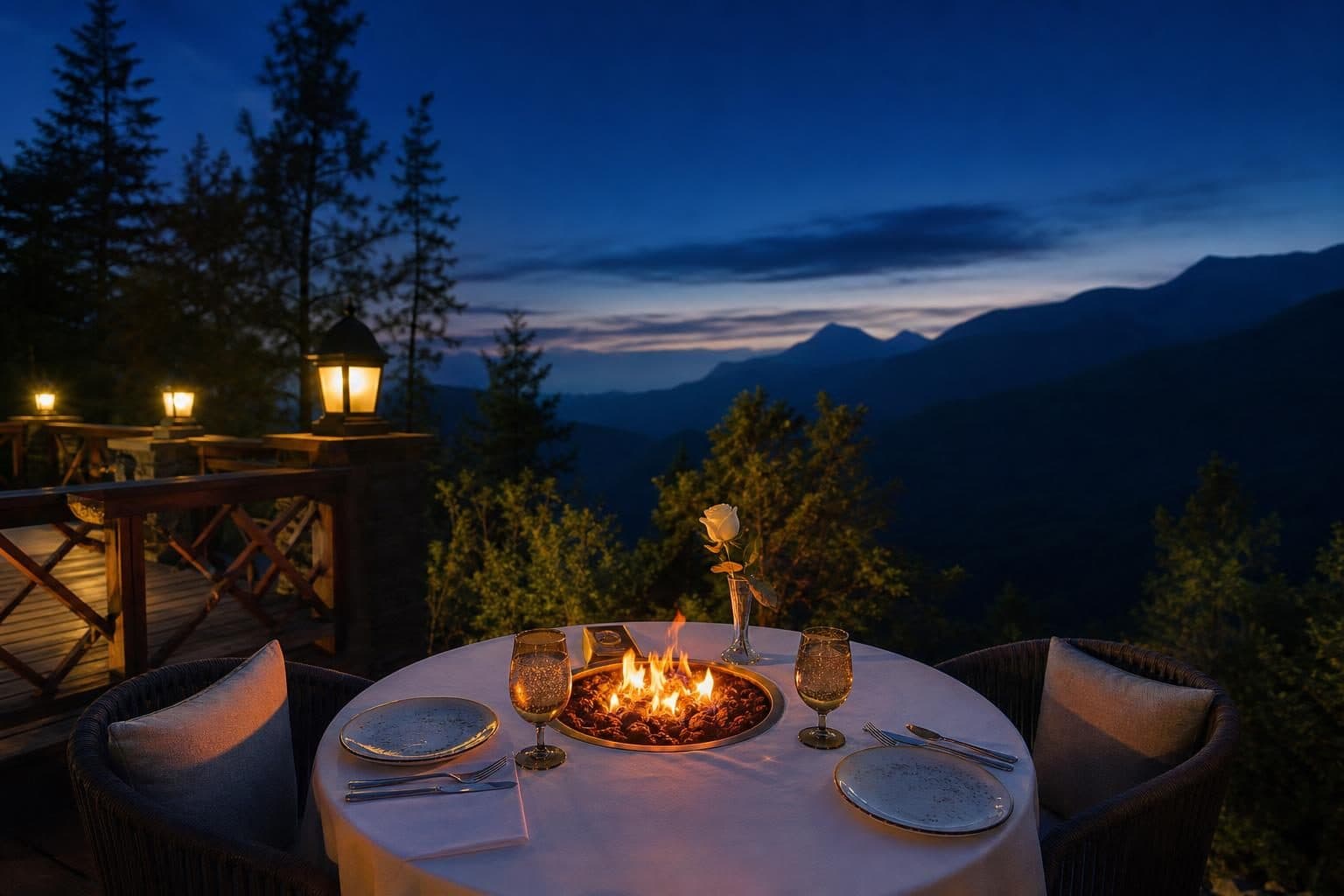 Intimate round table for 2 with fire-pit centerpiece glowing orange, white linens, simple stoneware, 2 amber wine glasses with sparkling water