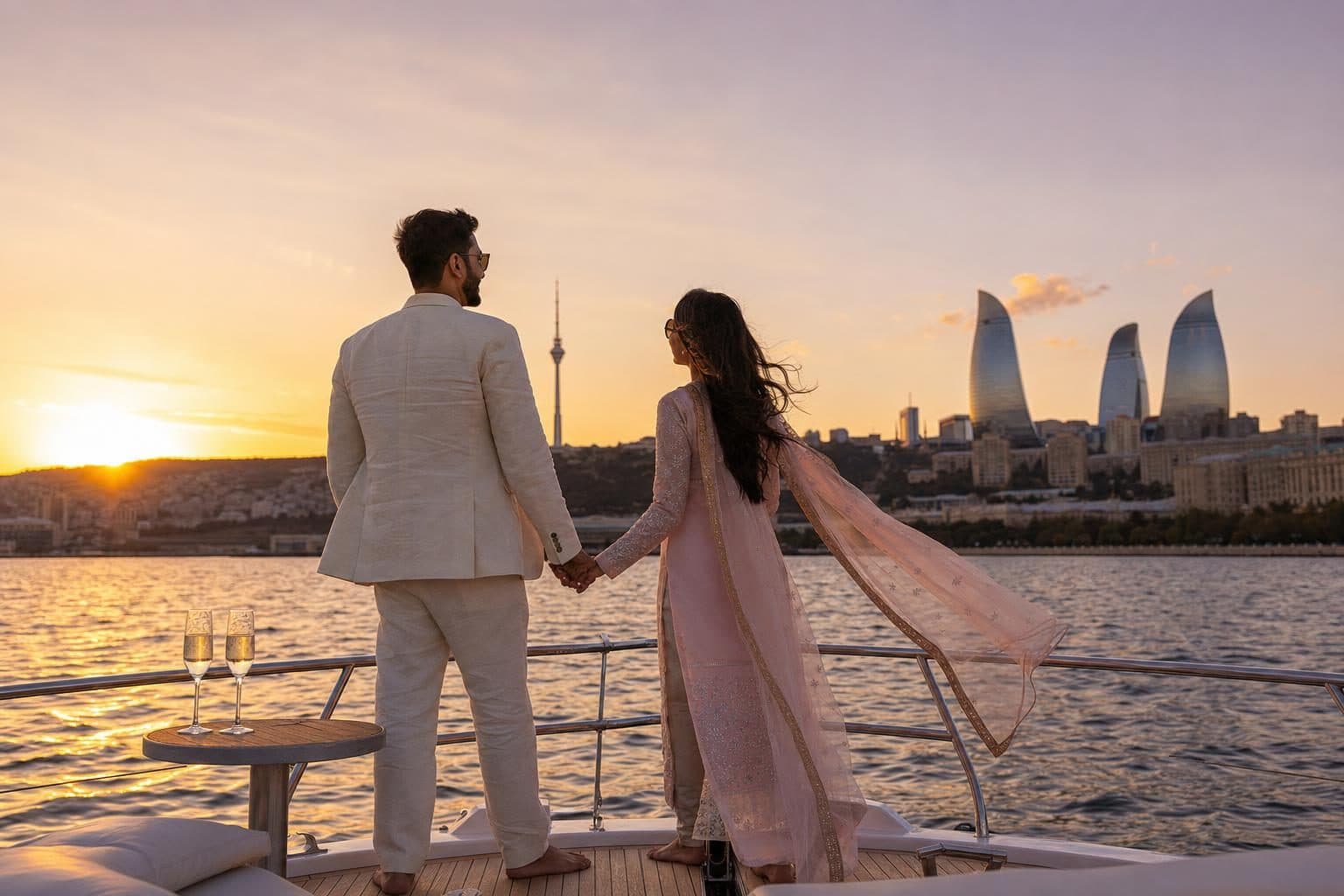 Indian couple at yacht bow, holding hands, looking out, Caspian, Baku