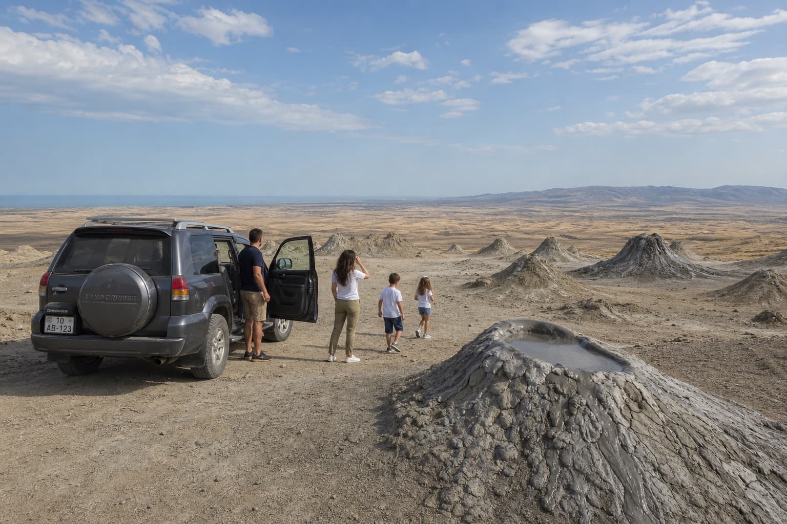 White 4×4 SUV parked at edge, family of 4 just disembarked, in practical outdoor attire, Gobustan, Baku