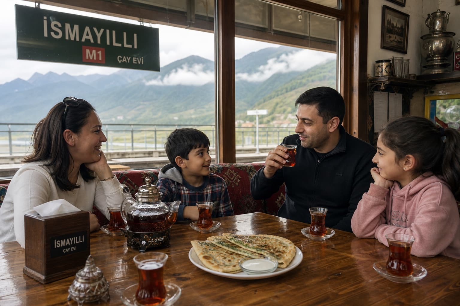 Dark-wood table with 5 armudu tea glasses, plate of golden qutab pastries, sugar cubes, regional sweets, Ismayilli, Baku