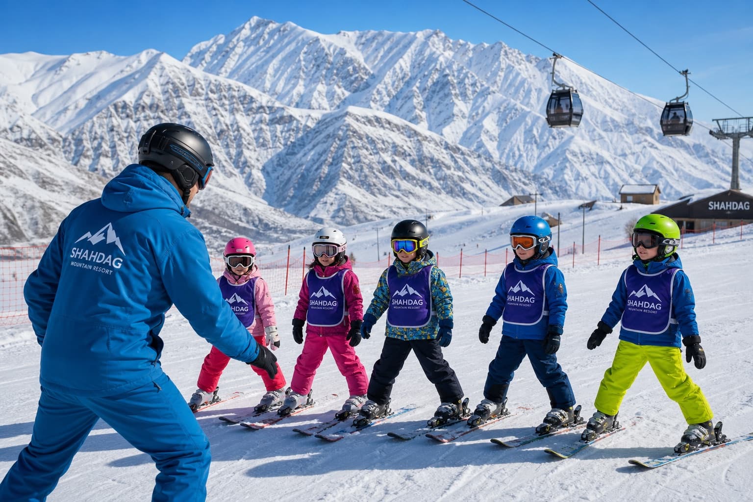2 children mid-lesson, male instructor skiing backwards demonstrating technique, Shahdag, Baku