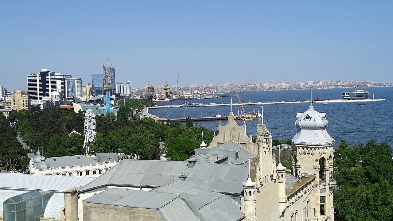 View from Baku's Maiden Tower over the Old City rooftops and Caspian waterfront