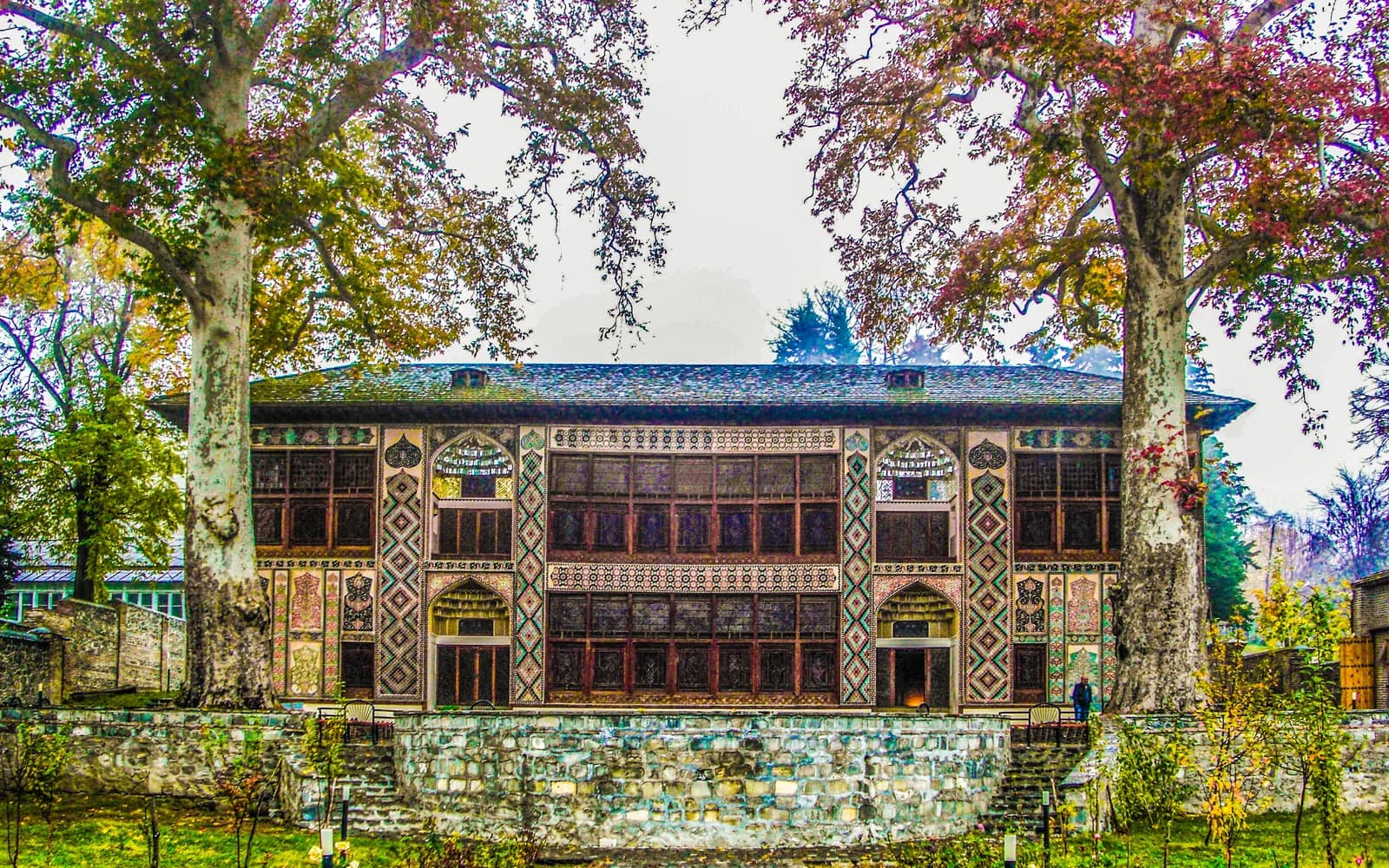 Sheki Khan Palace framed by autumn-coloured trees