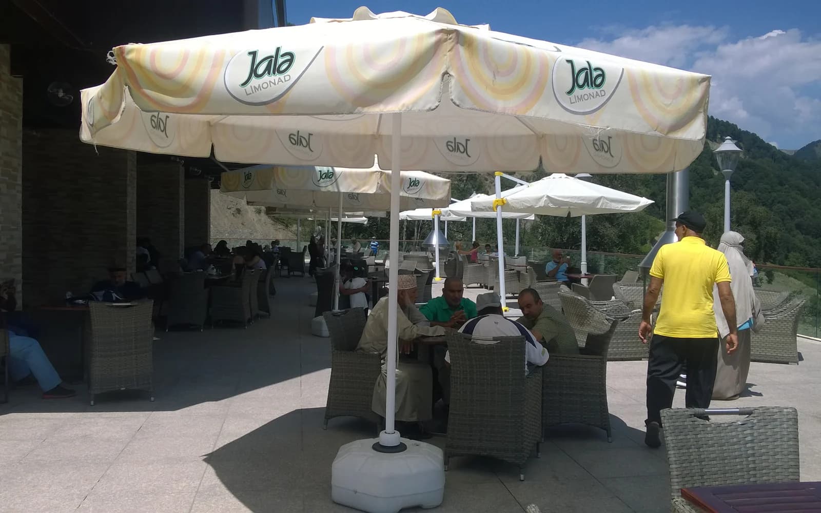 Outdoor seating beside a Gabala cable-car station