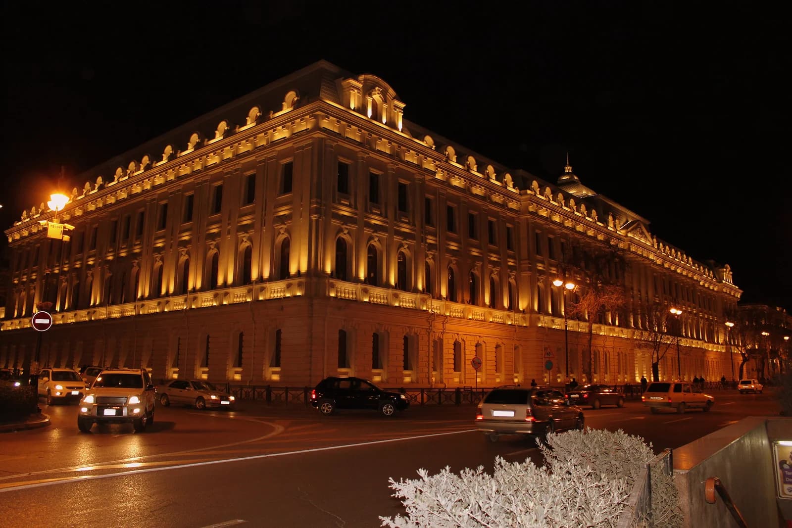 Historic building on Istiglaliyat Street in Baku at night