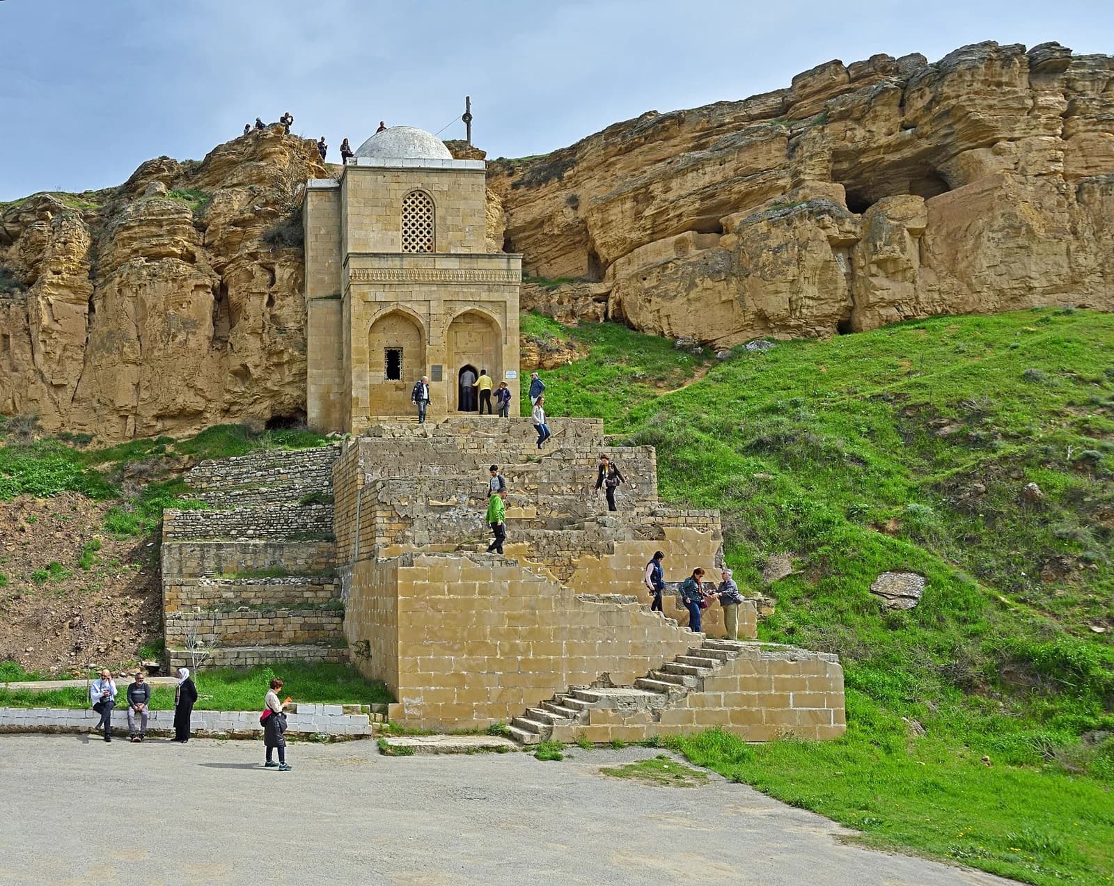 Diri Baba Mausoleum framed by the limestone cliff near Gobustan